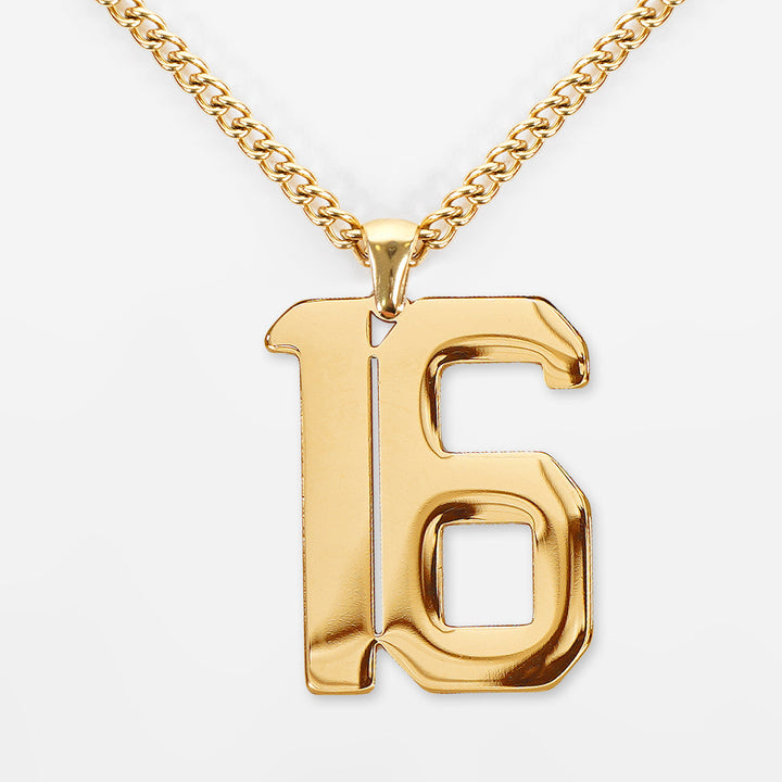 16 Number Pendant with Chain Necklace - Gold Plated Stainless Steel