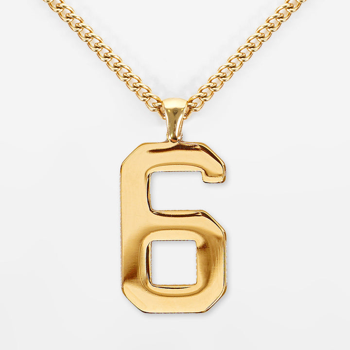 6 Number Pendant with Chain Necklace - Gold Plated Stainless Steel