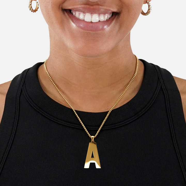 A Letter Pendant with Chain Necklace - Gold Plated Stainless Steel