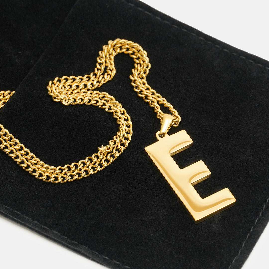 E Letter Pendant with Chain Necklace - Gold Plated Stainless Steel