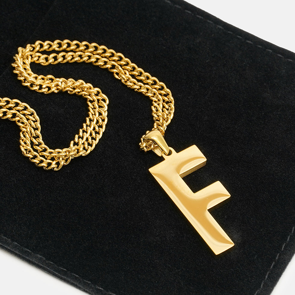 F Letter Pendant with Chain Necklace - Gold Plated Stainless Steel