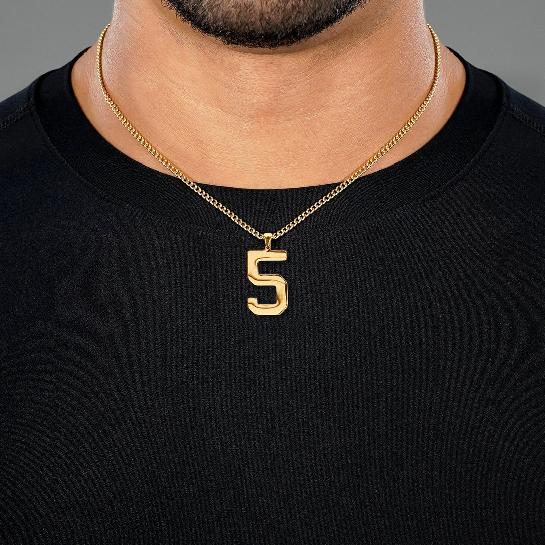 5 Number Pendant with Chain Necklace - Gold Plated Stainless Steel