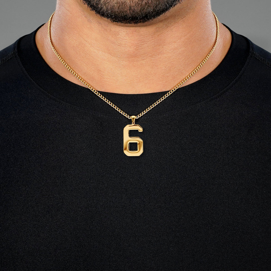 6 Number Pendant with Chain Necklace - Gold Plated Stainless Steel