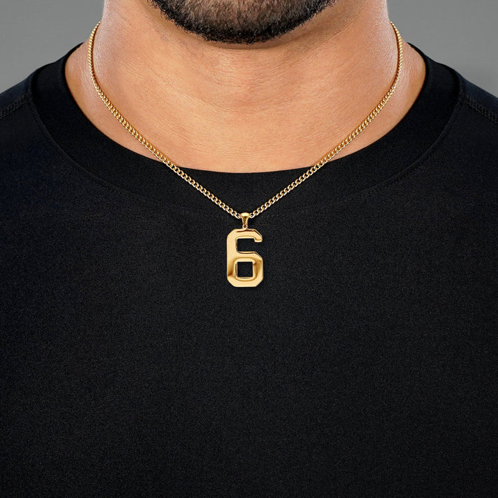 6 Number Pendant with Chain Necklace - Gold Plated Stainless Steel