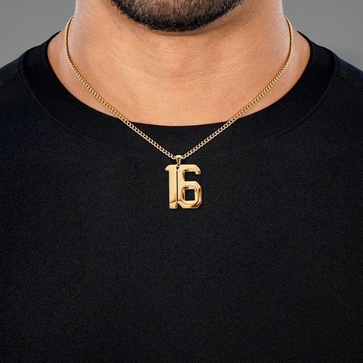 16 Number Pendant with Chain Necklace - Gold Plated Stainless Steel