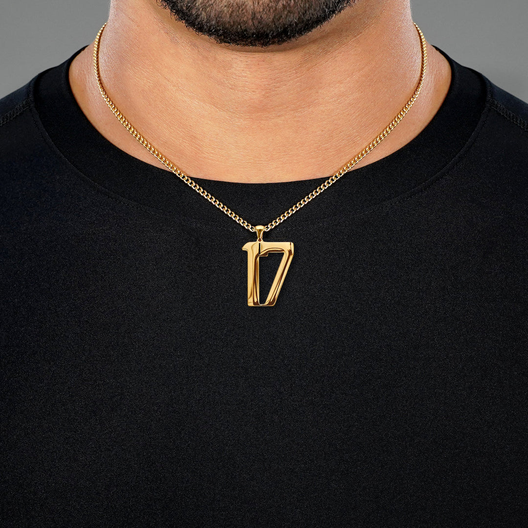 17 Number Pendant with Chain Necklace - Gold Plated Stainless Steel