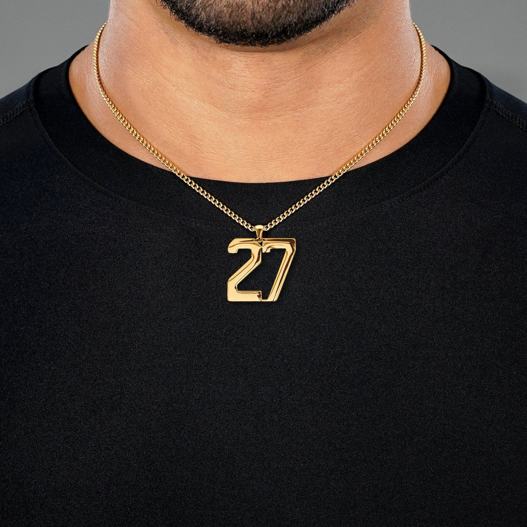 27 Number Pendant with Chain Necklace - Gold Plated Stainless Steel