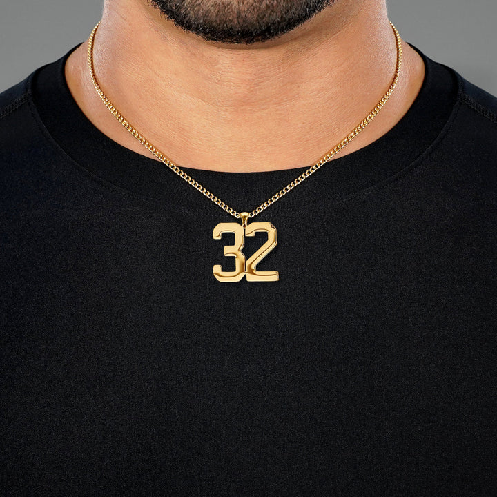 32 Number Pendant with Chain Necklace - Gold Plated Stainless Steel