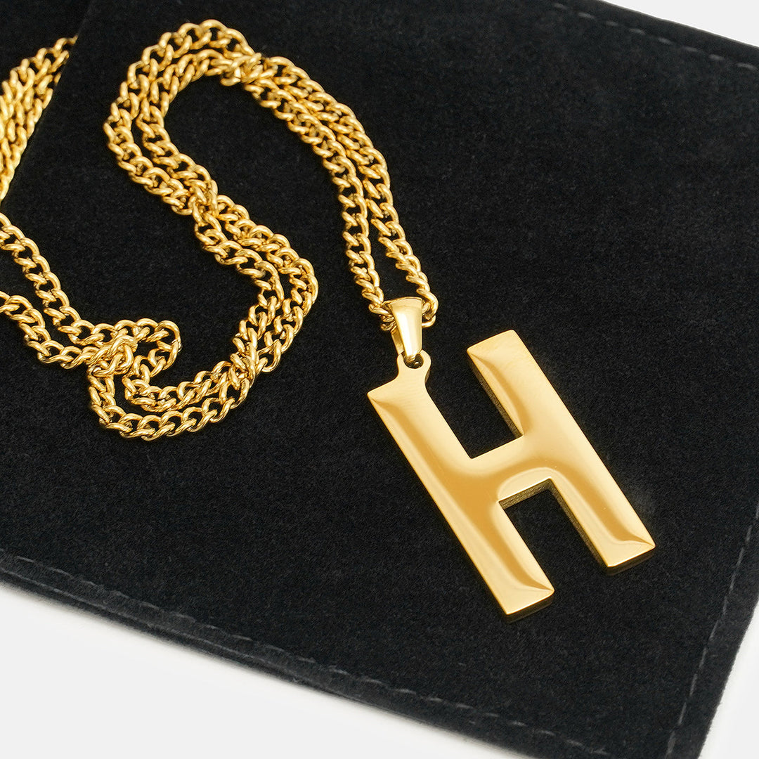 H Letter Pendant with Chain Necklace - Gold Plated Stainless Steel