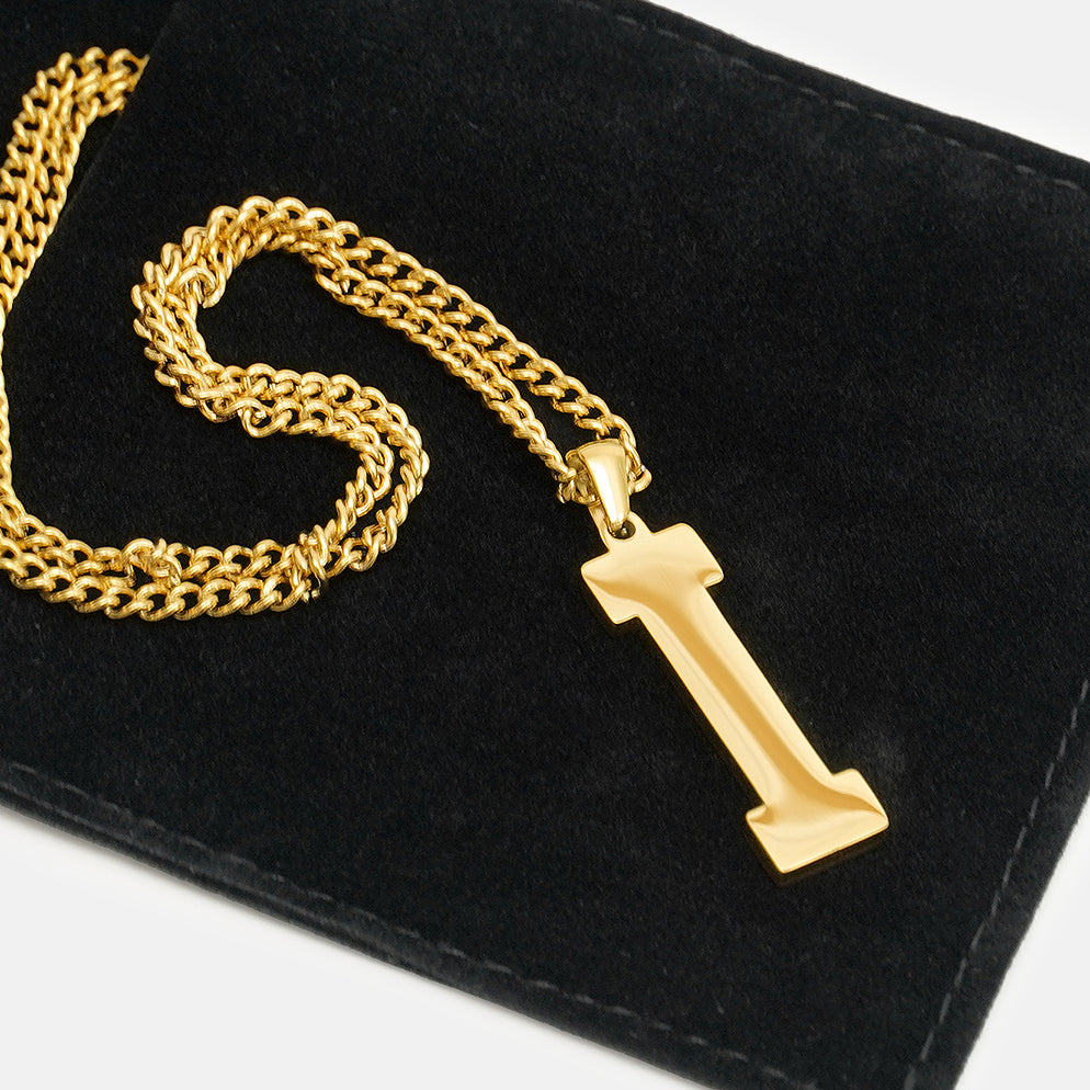 I Letter Pendant with Chain Necklace - Gold Plated Stainless Steel