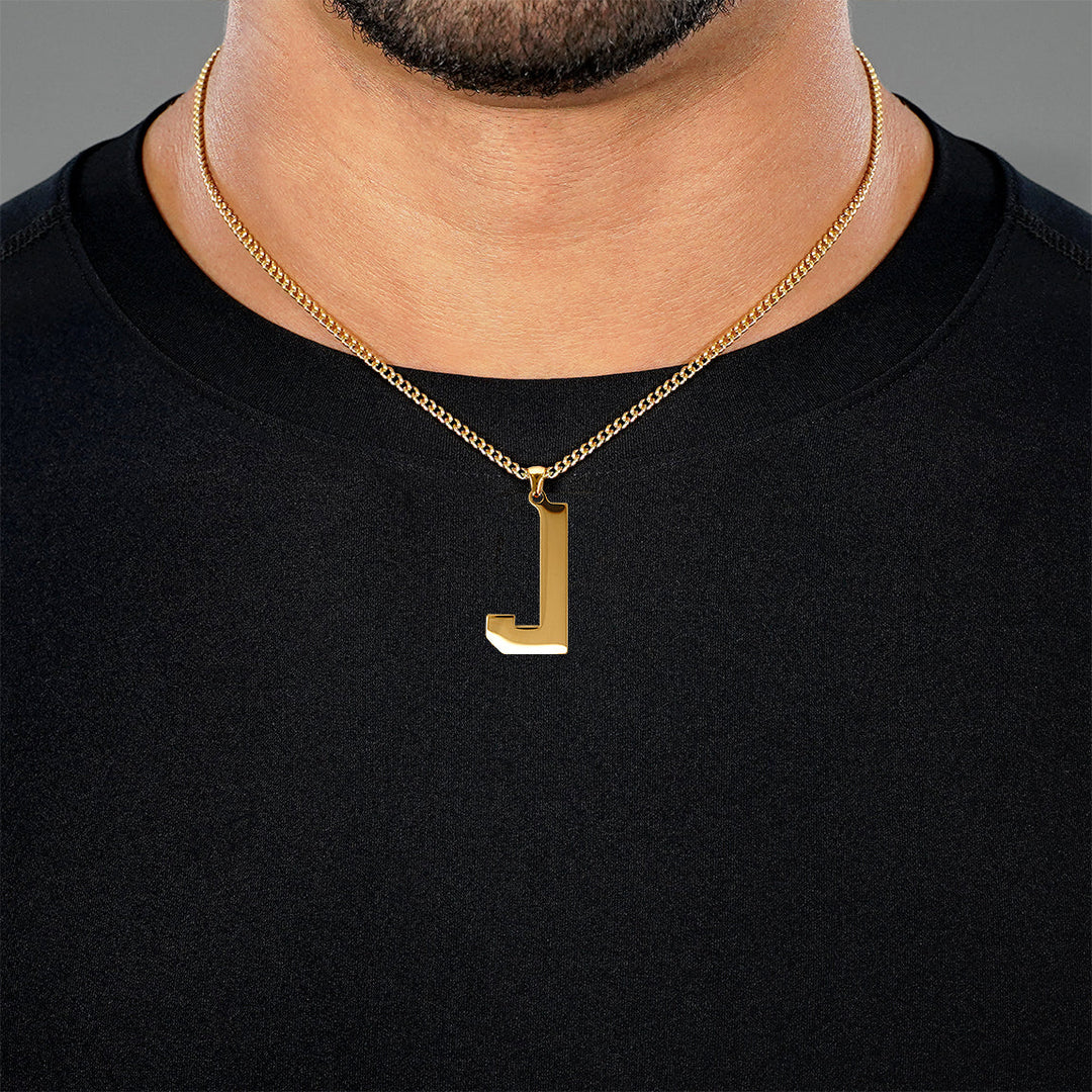 J Letter Pendant with Chain Necklace - Gold Plated Stainless Steel