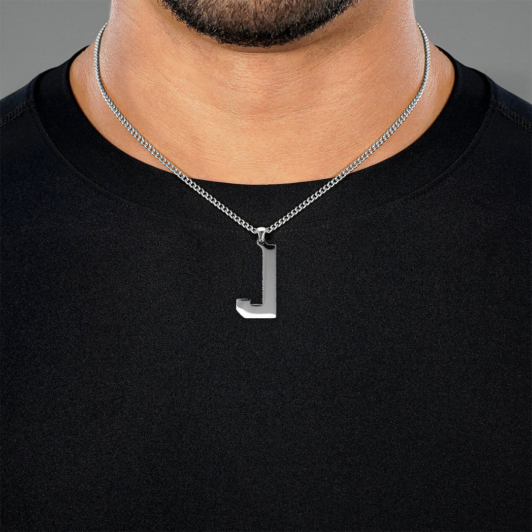 J Letter Pendant with Chain Necklace - Stainless Steel