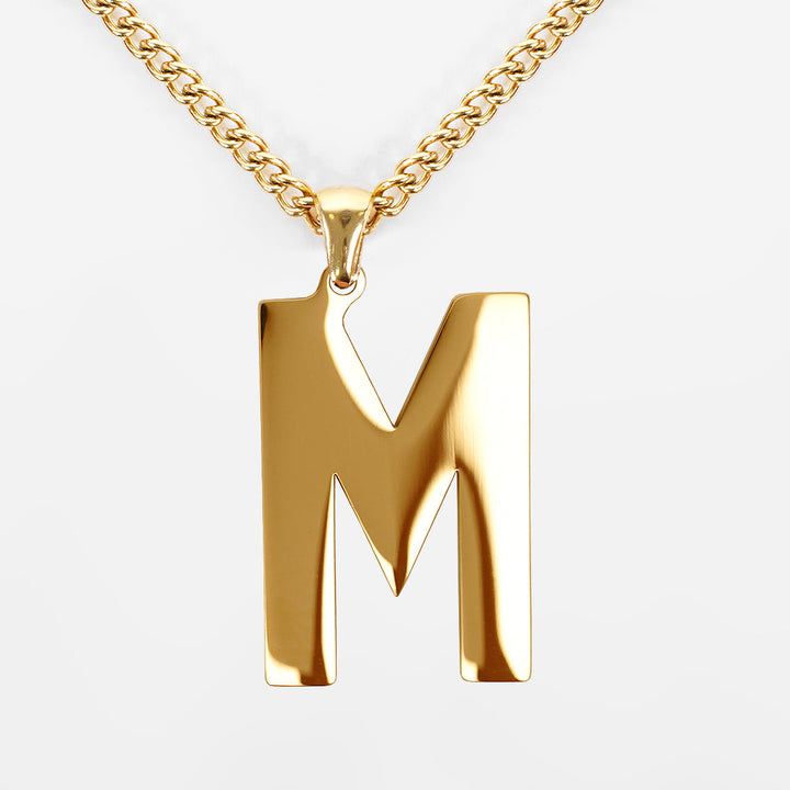 M Letter Pendant with Chain Necklace - Gold Plated Stainless Steel