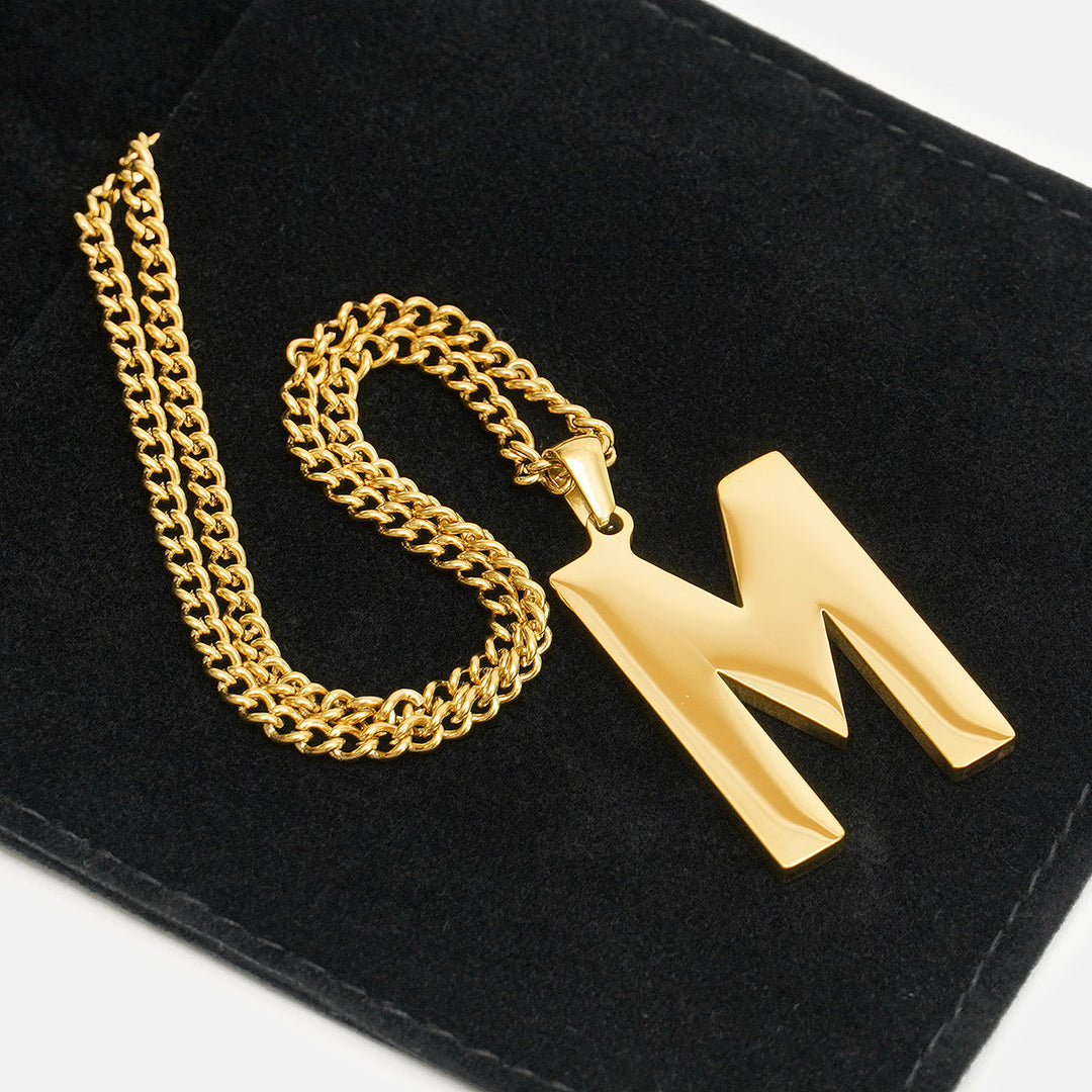 M Letter Pendant with Chain Necklace - Gold Plated Stainless Steel