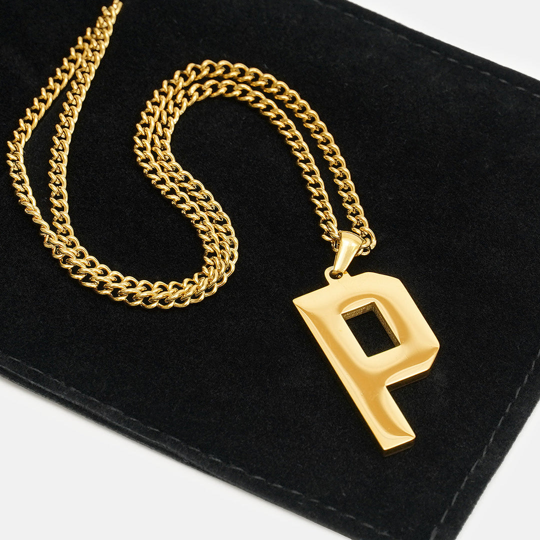 P Letter Pendant with Chain Necklace - Gold Plated Stainless Steel