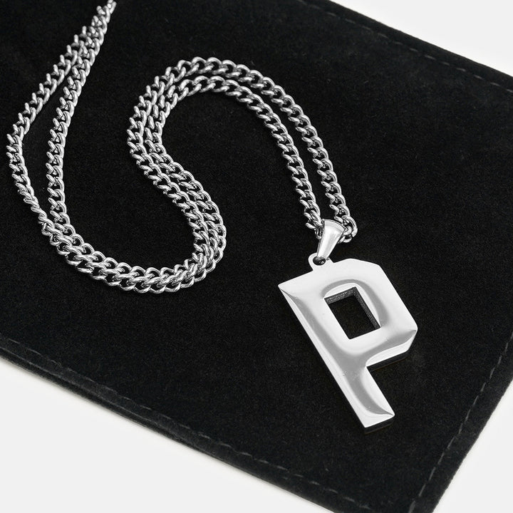 P Letter Pendant with Chain Necklace - Stainless Steel