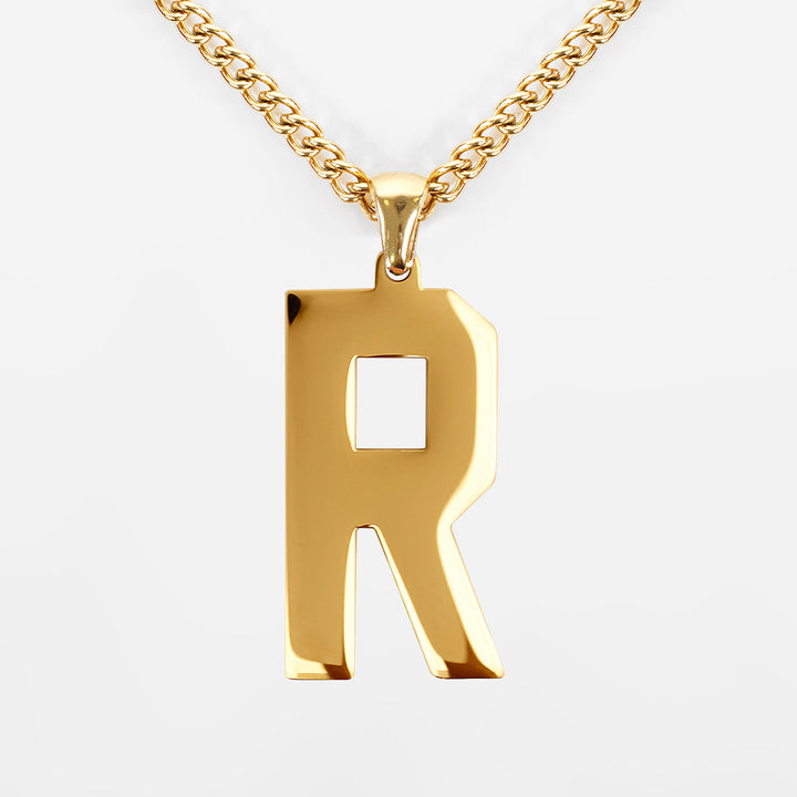 R Letter Pendant with Chain Necklace - Gold Plated Stainless Steel