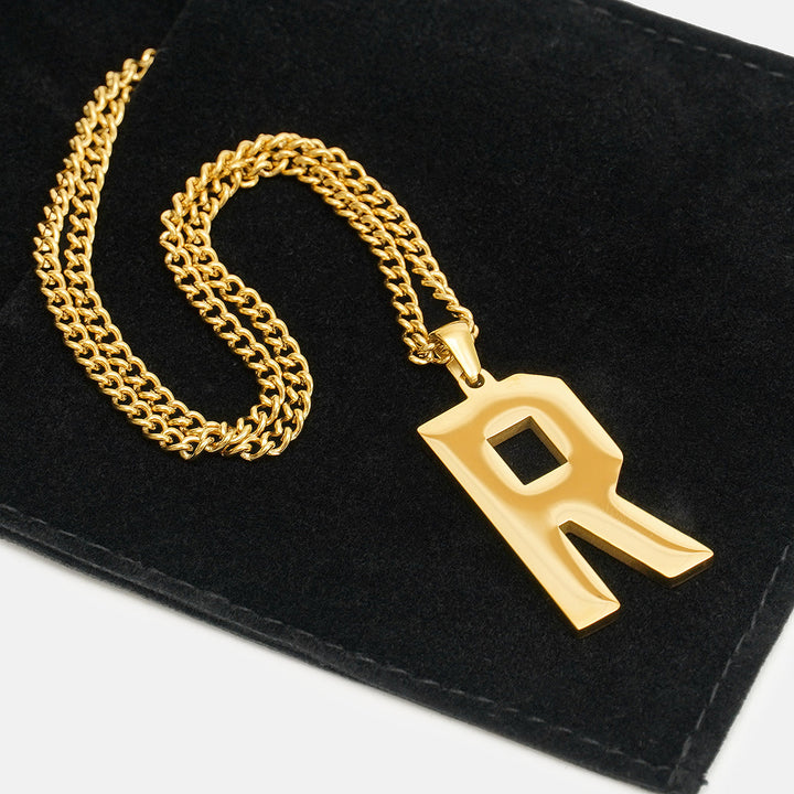 R Letter Pendant with Chain Necklace - Gold Plated Stainless Steel