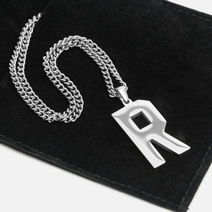 R Letter Pendant with Chain Necklace - Stainless Steel