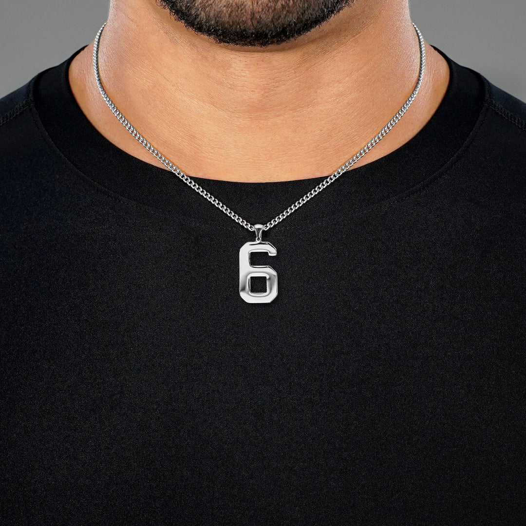 6 Number Pendant with Chain Necklace - Stainless Steel