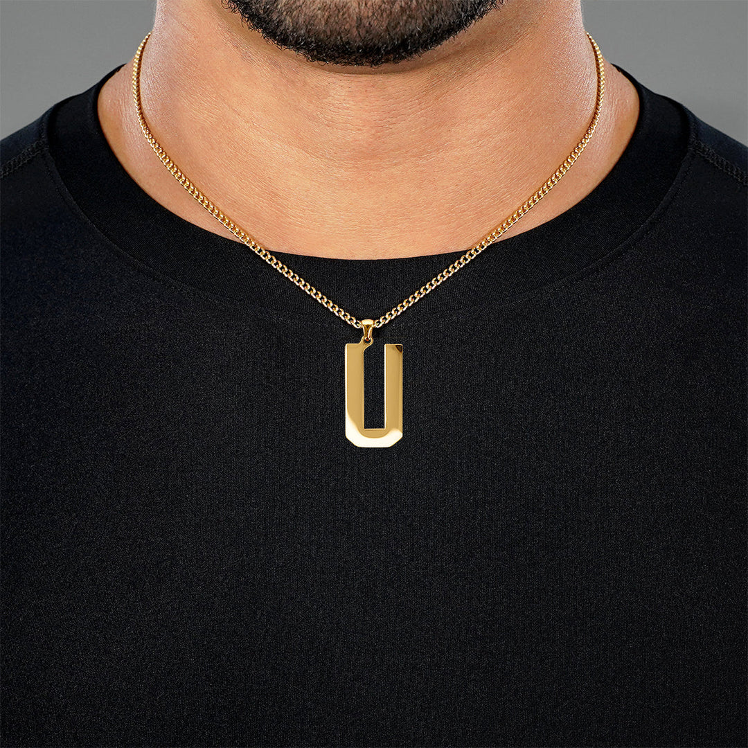 U Letter Pendant with Chain Necklace - Gold Plated Stainless Steel