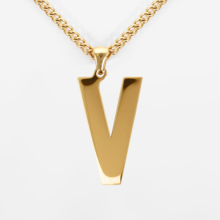 V Letter Pendant with Chain Necklace - Gold Plated Stainless Steel