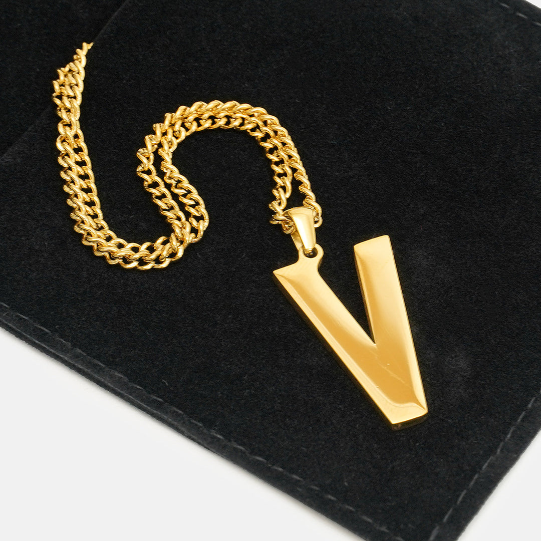 V Letter Pendant with Chain Necklace - Gold Plated Stainless Steel