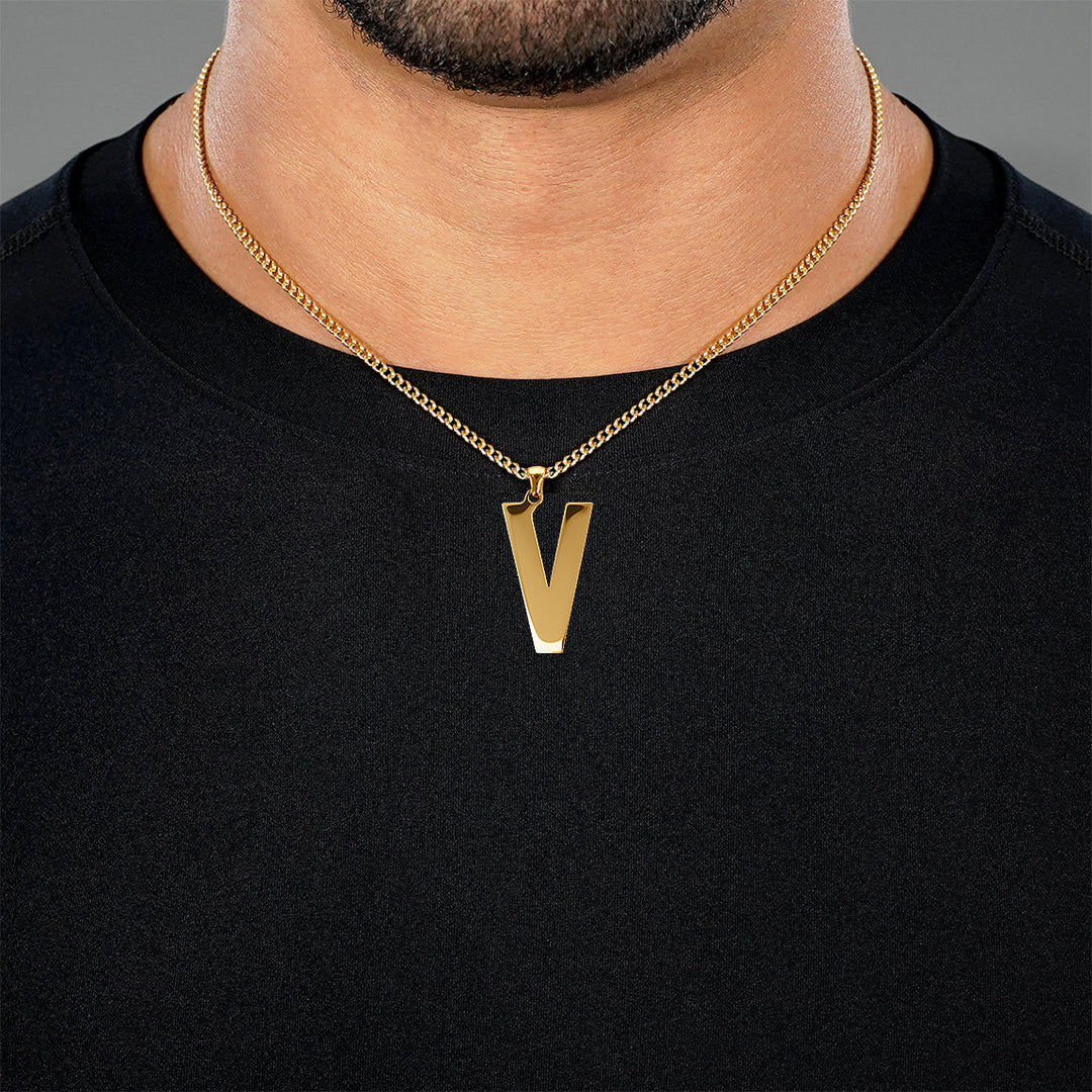 V Letter Pendant with Chain Necklace - Gold Plated Stainless Steel