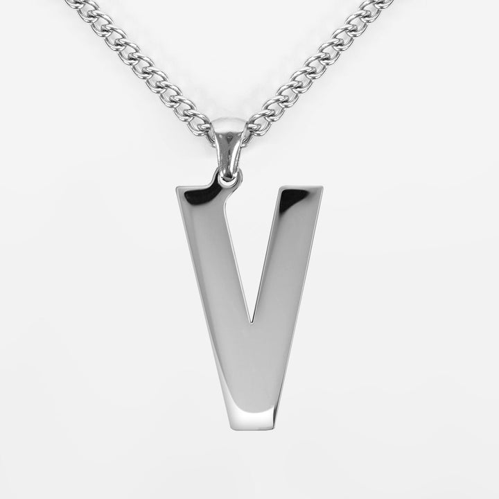 V Letter Pendant with Chain Necklace - Stainless Steel