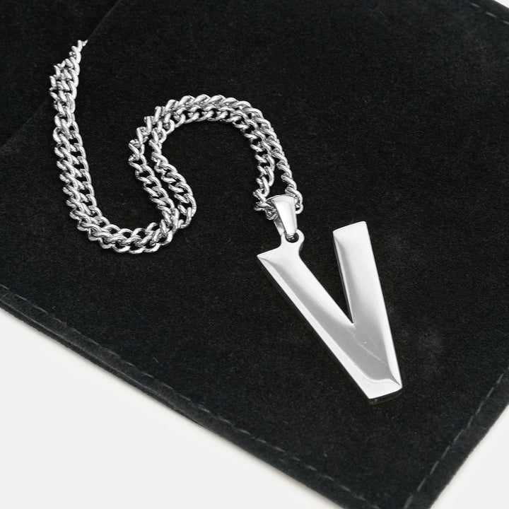 V Letter Pendant with Chain Necklace - Stainless Steel